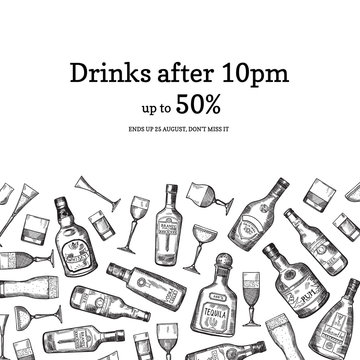 Vector Hand Drawn Alcohol Drink Bottles And Glasses Background Illustration