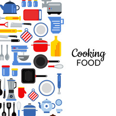 Vector flat style kitchen utensils background illustration with