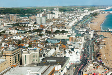 Aerial view of sunny summer Brighton, coastline, Seven Sisters on the horizon