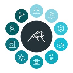 health, science, nature Infographic Colorful outline Icons Set. Contains such Icons as rain,  microbiology,  disability,  chemistry,  lab,  weather,  ecology and more. ..Fully Editable. Pixel Perfect