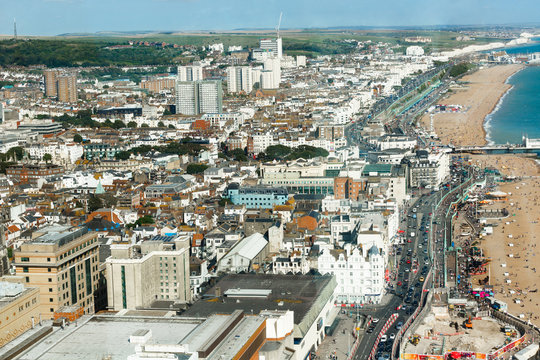Aerial view of sunny summer Brighton, coastline, Seven Sisters on the horizon