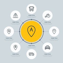 Circle network chart transports, hotel, location infographic template with 8 options for presentations, advertising, annual reports.