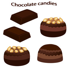 Chocolate closeup.  Chocolate bar and chocolate candies isolated on white background. Vector illustration.
