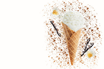 Vanilla ice cream with flying vanilla sticks