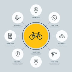 Circle network chart transports, hotel, location infographic template with 8 options for presentations, advertising, annual reports.