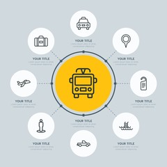 Circle network chart transports, hotel, location infographic template with 8 options for presentations, advertising, annual reports.