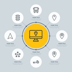 Circle network chart transports, hotel, location infographic template with 8 options for presentations, advertising, annual reports.
