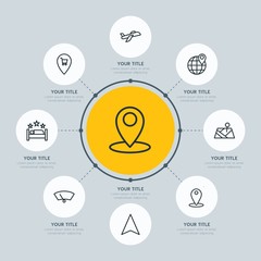 Circle network chart transports, hotel, location infographic template with 8 options for presentations, advertising, annual reports.