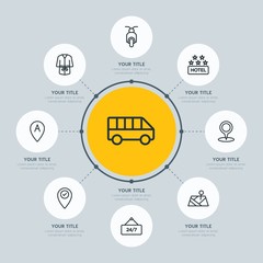 Circle network chart transports, hotel, location infographic template with 8 options for presentations, advertising, annual reports.