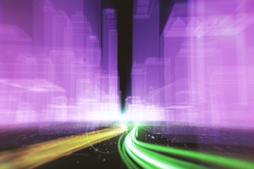 Abstract background of fiber optic cables carrying information into wireframe city buildings 3d...