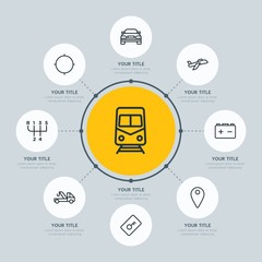 Circle network chart transports, hotel, location infographic template with 8 options for presentations, advertising, annual reports.