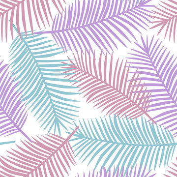 purple pink and blue palm leaves on a white background exotic tropical hawaii pastel seamless pattern vector