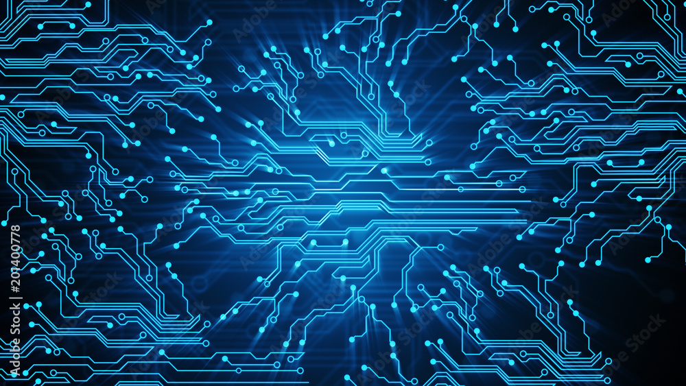 Fototapete Blue lines drawn by bright spots eventually create an abstract image of a circuit board. It may represent electronic connections, communication, futuristic technology. 3d illustration