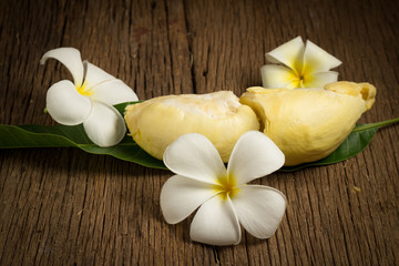 durian peeled ripe. King of fruit Thailand on the wooden table floor