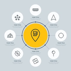Circle network chart transports, hotel, location infographic template with 8 options for presentations, advertising, annual reports.