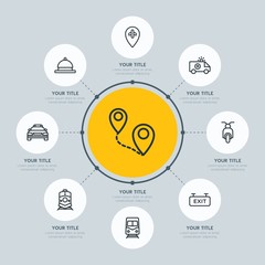 Circle network chart transports, hotel, location infographic template with 8 options for presentations, advertising, annual reports.
