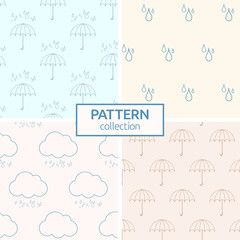 Seamless patterns with silhouettes of umbrellas and rain drops.