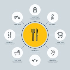 Circle network chart transports, hotel, location infographic template with 8 options for presentations, advertising, annual reports.