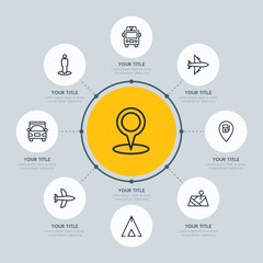 Circle network chart transports, hotel, location infographic template with 8 options for presentations, advertising, annual reports.