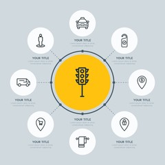 Circle network chart transports, hotel, location infographic template with 8 options for presentations, advertising, annual reports.