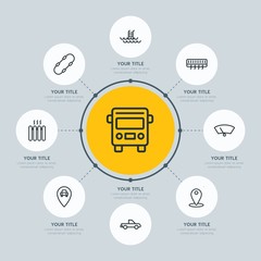 Circle network chart transports, hotel, location infographic template with 8 options for presentations, advertising, annual reports.
