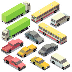 Fototapeta premium Vector set of isometric urban transportation. Cars with shadows isolated on white background. Truck, lorry, pickup, sedan, bus, sport automobile in cartoon style. City vehicles collection