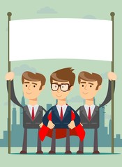 happy business team with a banner isolated vector cartoon illustration