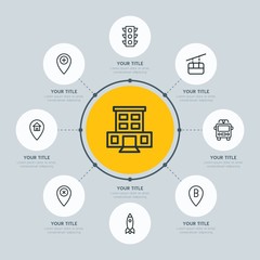 Circle network chart transports, hotel, location infographic template with 8 options for presentations, advertising, annual reports.