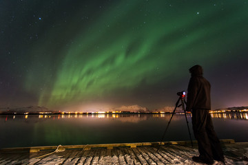 Amazin landscape of northen lights in background at Lofoten, Norway