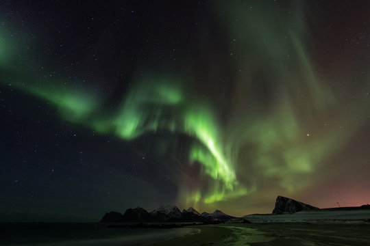 Amazin landscape of northen lights in background at Lofoten, Norway