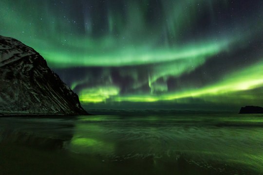Amazin landscape of northen lights in background at Lofoten, Norway