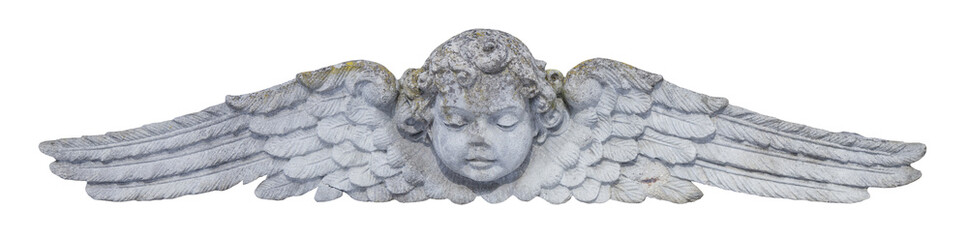 Close up of angel with wings. Vintage ancient stone statue, fragment.