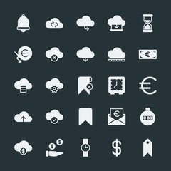 Modern Simple Set of money, cloud and networking, time, bookmarks Vector fill Icons. ..Contains such Icons as  investment, salary,  network and more on dark background. Fully Editable. Pixel Perfect.