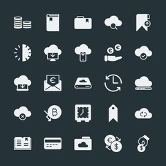 Modern Simple Set of money, cloud and networking, time, bookmarks Vector fill Icons. ..Contains such Icons as  technology,  network,  paper and more on dark background. Fully Editable. Pixel Perfect.