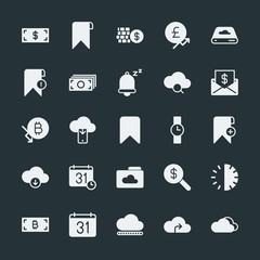 Modern Simple Set of money, cloud and networking, time, bookmarks Vector fill Icons. ..Contains such Icons as  chart,  internet,  sky, cash and more on dark background. Fully Editable. Pixel Perfect.