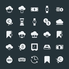 Modern Simple Set of money, cloud and networking, time, bookmarks Vector fill Icons. ..Contains such Icons as  clock,  fashion,  tag,  alarm and more on dark background. Fully Editable. Pixel Perfect.