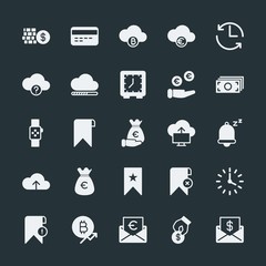 Modern Simple Set of money, cloud and networking, time, bookmarks Vector fill Icons. ..Contains such Icons as  euro,  pay,  delete,  cash and more on dark background. Fully Editable. Pixel Perfect.