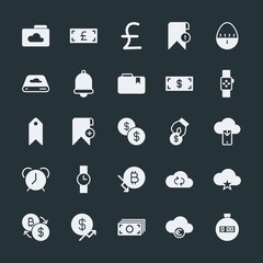 Modern Simple Set of money, cloud and networking, time, bookmarks Vector fill Icons. ..Contains such Icons as add, increase,  business,  web and more on dark background. Fully Editable. Pixel Perfect.