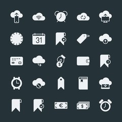 Modern Simple Set of money, cloud and networking, time, bookmarks Vector fill Icons. ..Contains such Icons as  time,  banking,  clock, money and more on dark background. Fully Editable. Pixel Perfect.