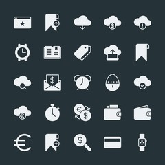 Modern Simple Set of money, cloud and networking, time, bookmarks Vector fill Icons. ..Contains such Icons as  euro, add,  favorite,  smart and more on dark background. Fully Editable. Pixel Perfect.