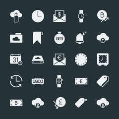 Modern Simple Set of money, cloud and networking, time, bookmarks Vector fill Icons. ..Contains such Icons as  mail,  information,  vector and more on dark background. Fully Editable. Pixel Perfect.