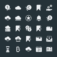 Modern Simple Set of money, cloud and networking, time, bookmarks Vector fill Icons. ..Contains such Icons as  day, information,  question and more on dark background. Fully Editable. Pixel Perfect.