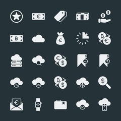 Modern Simple Set of money, cloud and networking, time, bookmarks Vector fill Icons. ..Contains such Icons as  business,  search,  paper and more on dark background. Fully Editable. Pixel Perfect.