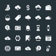 Modern Simple Set of money, cloud and networking, time, bookmarks Vector fill Icons. ..Contains such Icons as  network, book, internet,  usd and more on dark background. Fully Editable. Pixel Perfect.