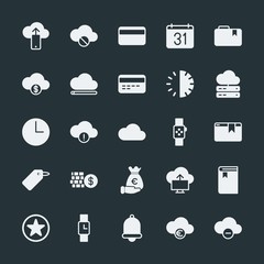 Modern Simple Set of money, cloud and networking, time, bookmarks Vector fill Icons. ..Contains such Icons as  internet,  currency,  error and more on dark background. Fully Editable. Pixel Perfect.