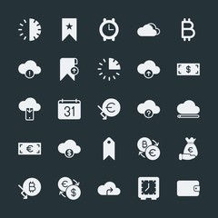 Modern Simple Set of money, cloud and networking, time, bookmarks Vector fill Icons. ..Contains such Icons as money,  minute,  add,  vector and more on dark background. Fully Editable. Pixel Perfect.