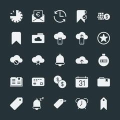 Modern Simple Set of money, cloud and networking, time, bookmarks Vector fill Icons. ..Contains such Icons as time,  new,  mark,  alarm, tag and more on dark background. Fully Editable. Pixel Perfect.
