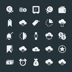 Modern Simple Set of money, cloud and networking, time, bookmarks Vector fill Icons. ..Contains such Icons as  half,  alarm,  cash,  finance and more on dark background. Fully Editable. Pixel Perfect.