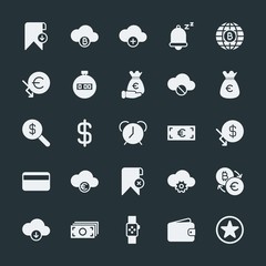 Modern Simple Set of money, cloud and networking, time, bookmarks Vector fill Icons. ..Contains such Icons as  dollar,  business, currency and more on dark background. Fully Editable. Pixel Perfect.