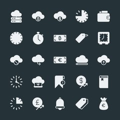 Modern Simple Set of money, cloud and networking, time, bookmarks Vector fill Icons. ..Contains such Icons as  education,  quater,  currency and more on dark background. Fully Editable. Pixel Perfect.